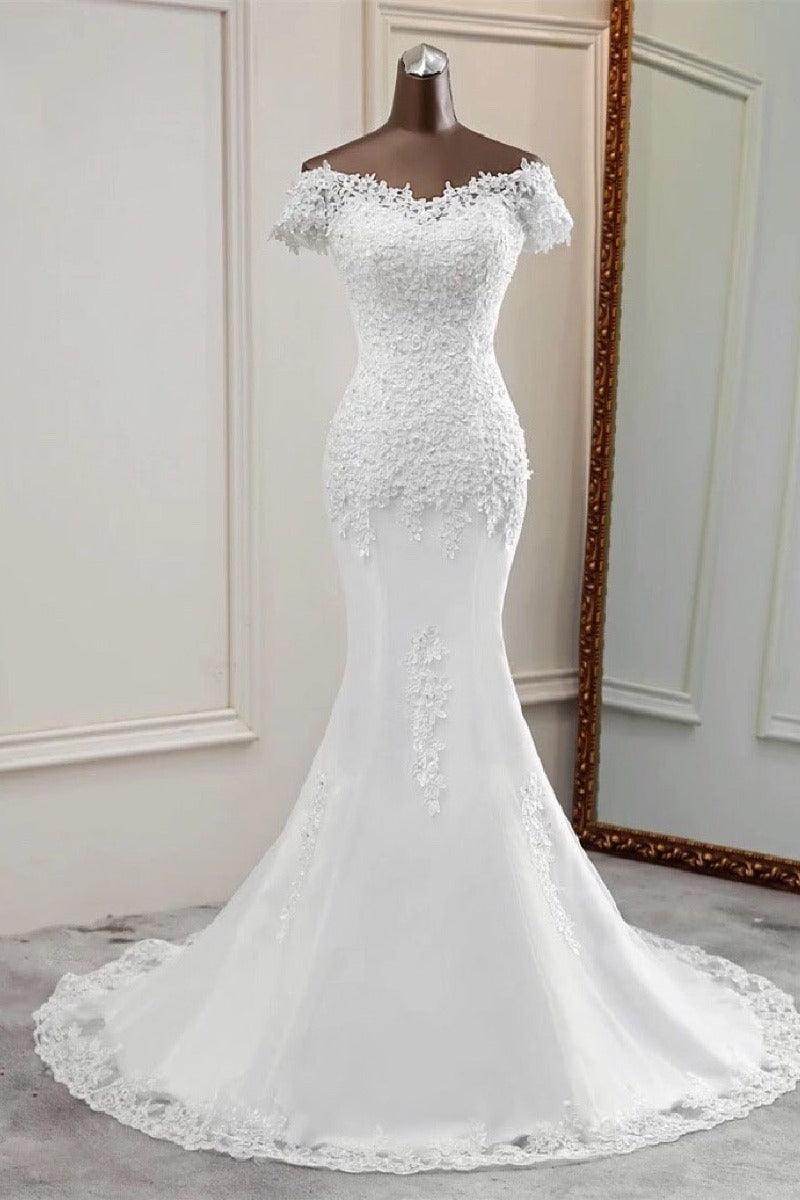 Trumpet-Mermaid Sweep-Brush Train Lace Tulle Wedding Dress 670594800287 - COCOMELODY